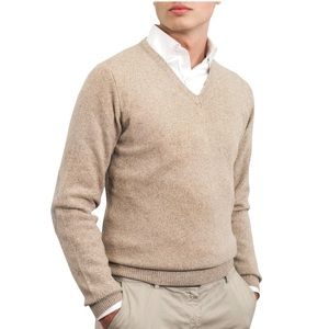 Café Coton Paris Lambswool V-Neck Sweater with Elbow Patches Beige Men’s XL